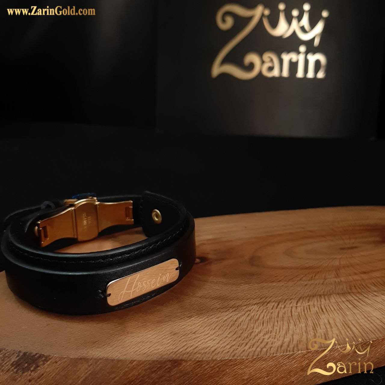 دستبند طلا با چرم با حک حسین