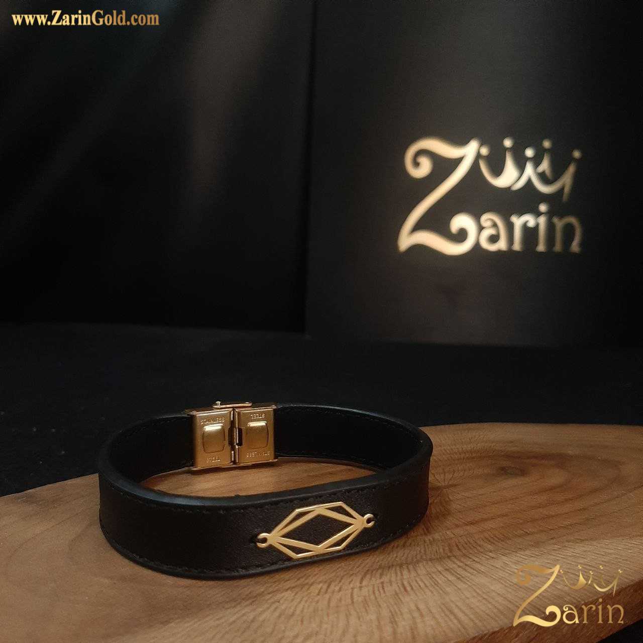 دستبند چرم و طلا طرح هندسی