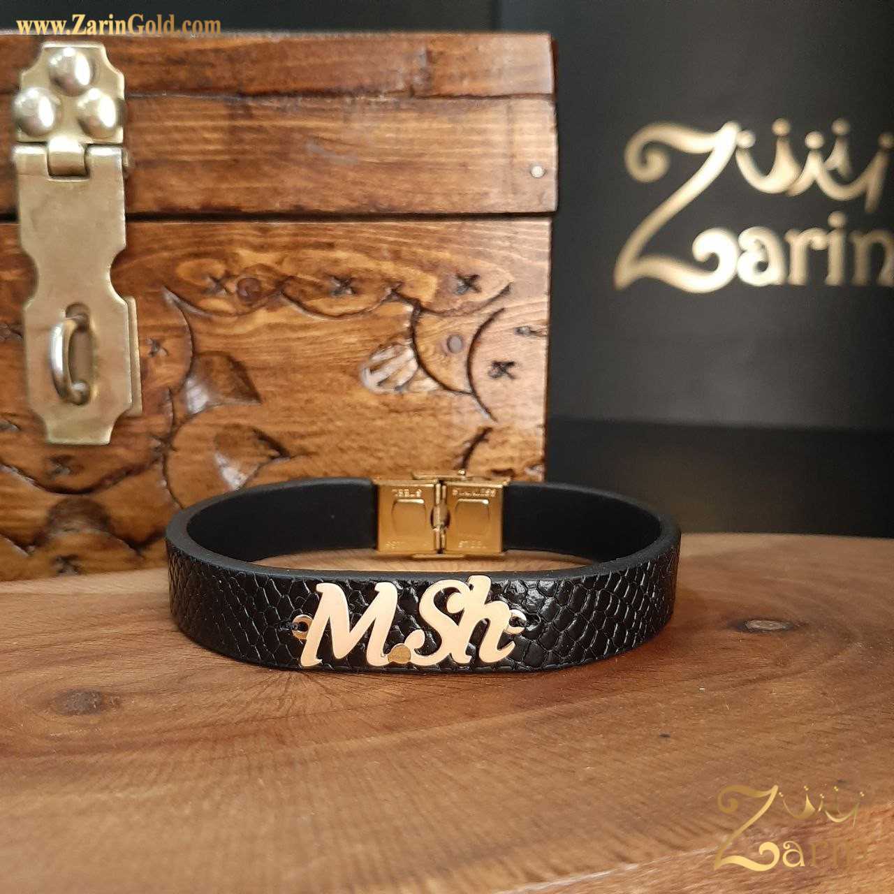 دستبند چرم و طلا مردانه M.SH