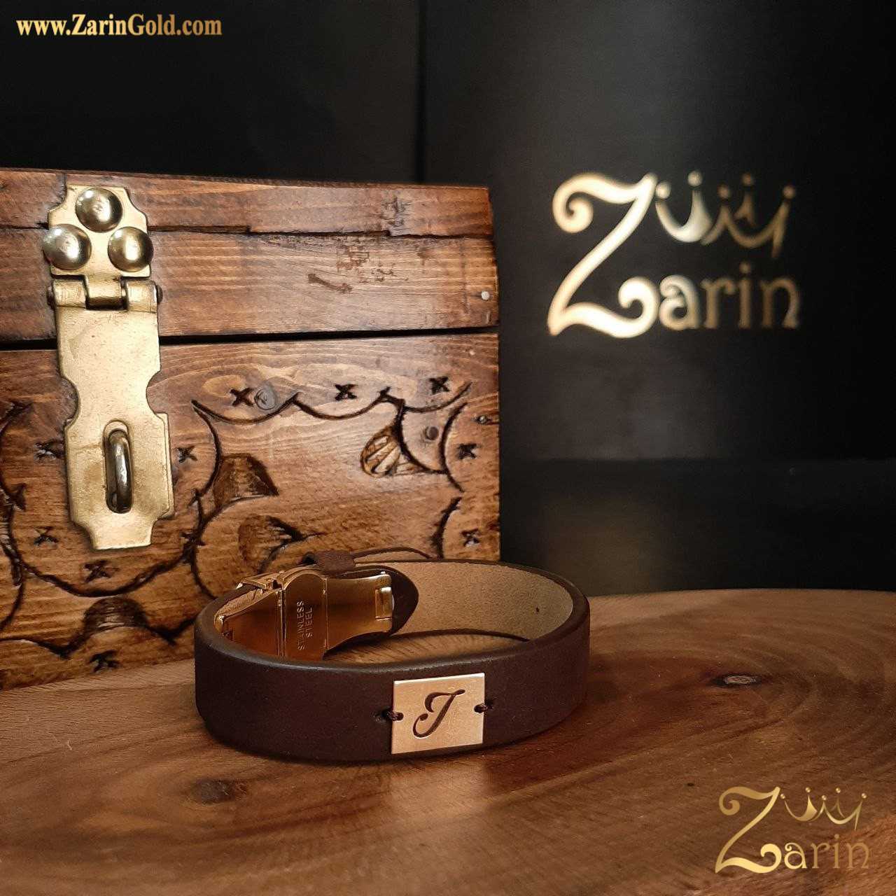 دستبند چرم و طلا مردانه حرف انگلیسی J