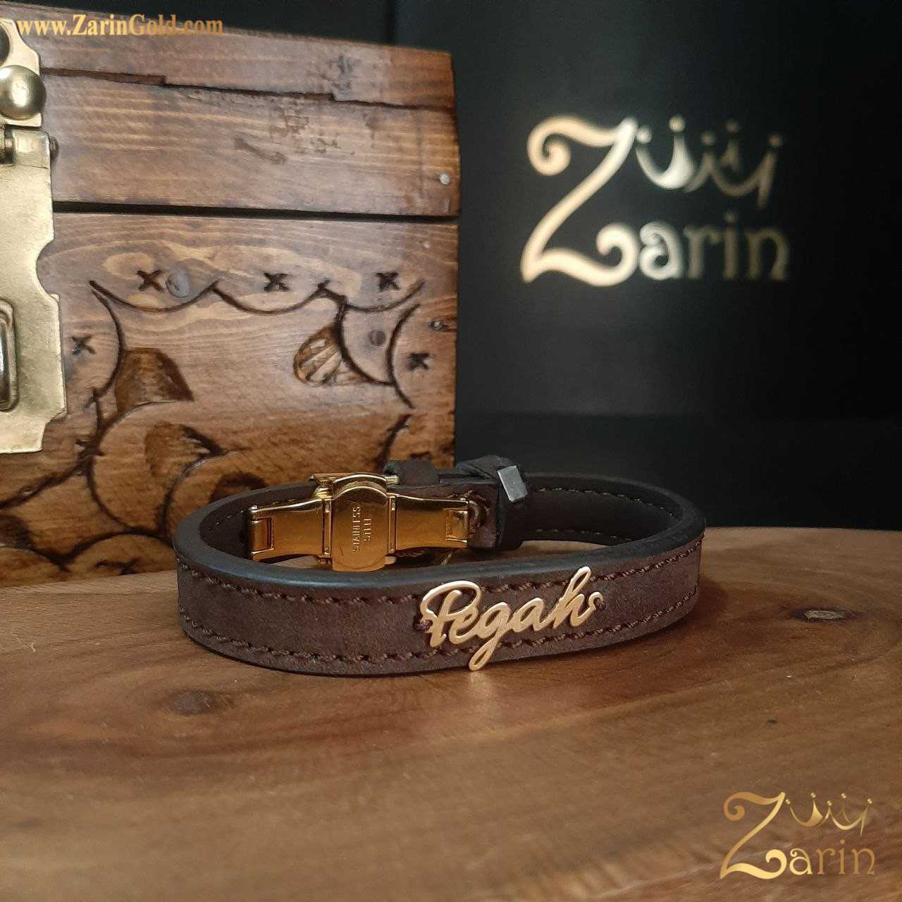 دستبند چرم و طلا اسم پگاه