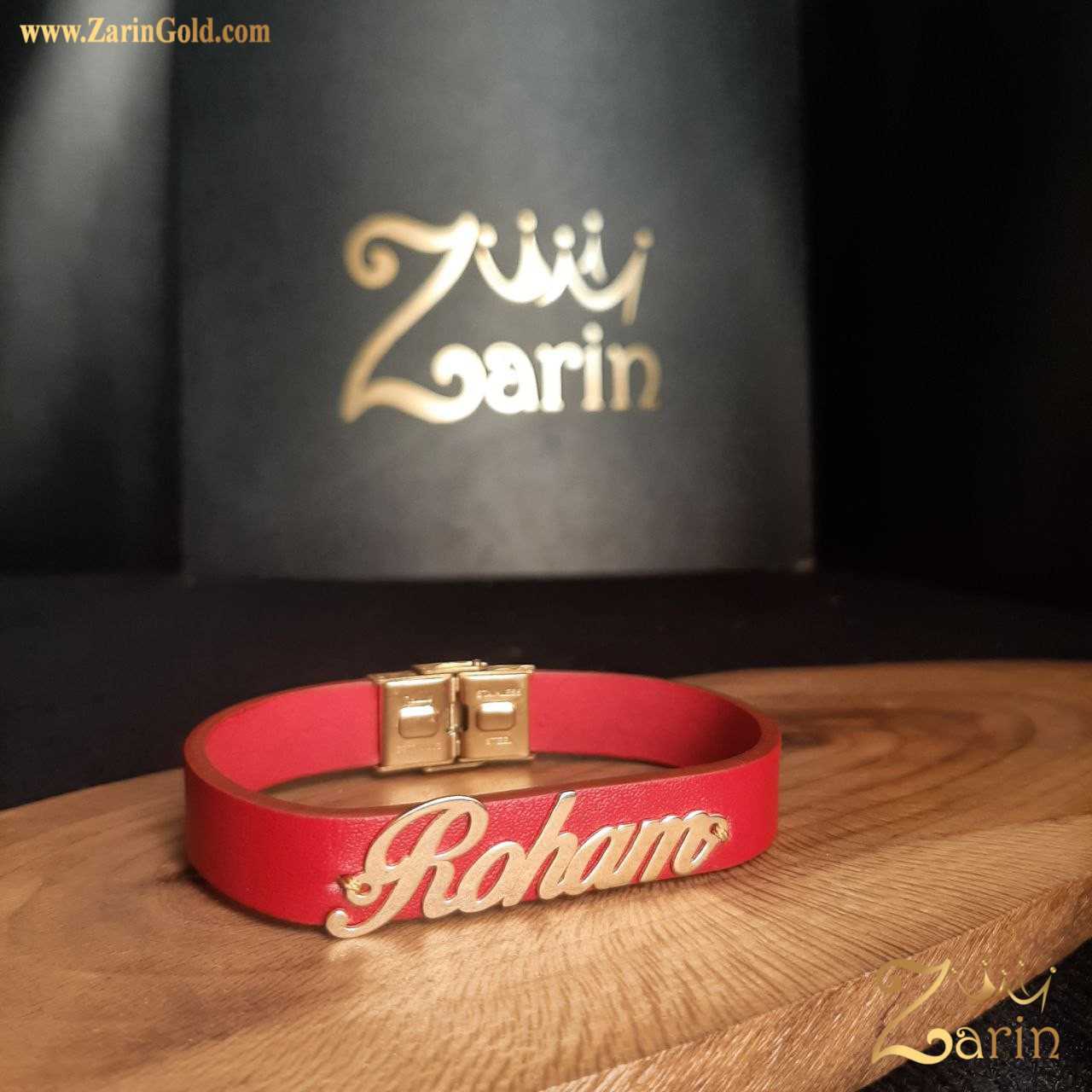 دستبند چرمو طلا اسم رهام با چرم قرمز