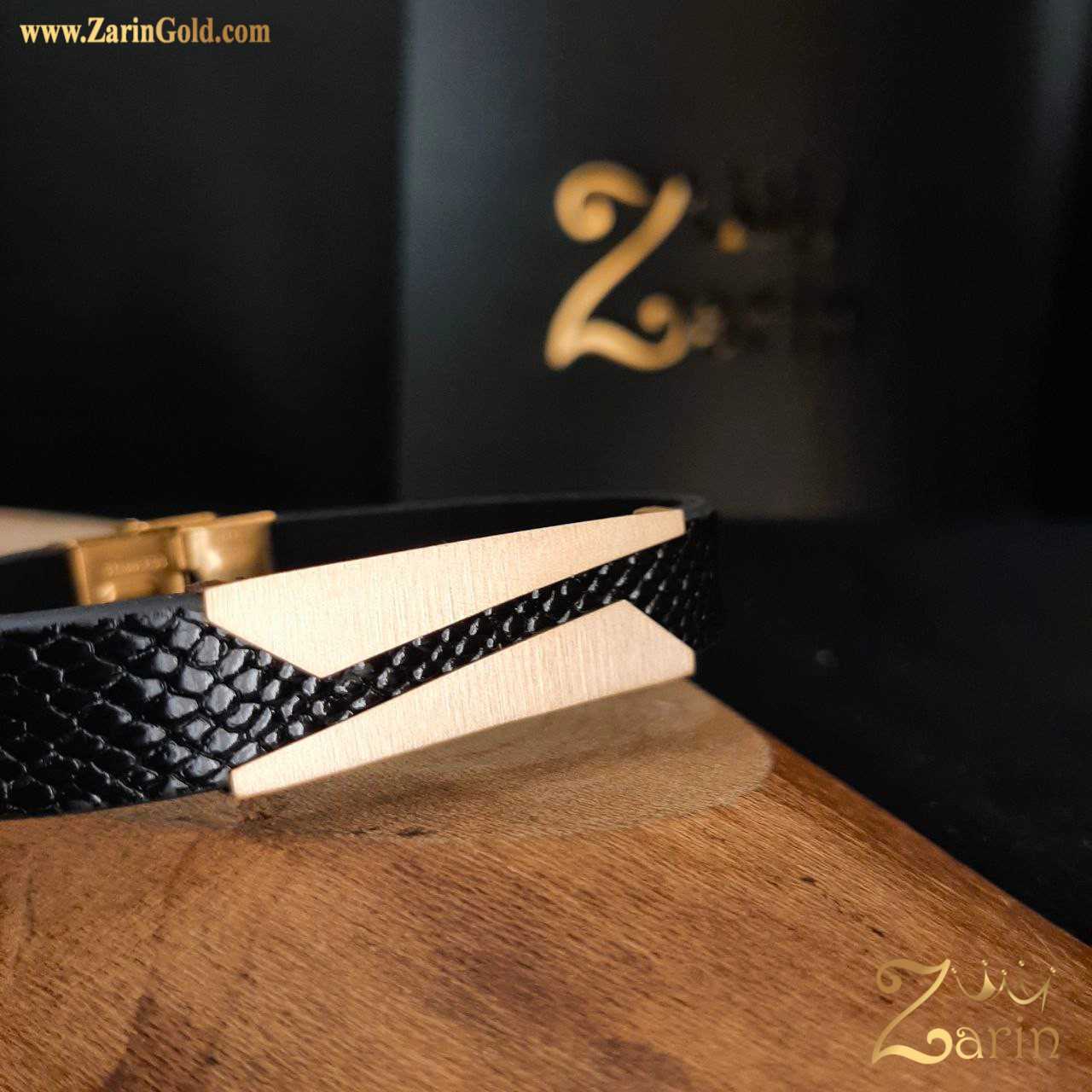 دستبند چرم و طلا مردانه مات طرح کات